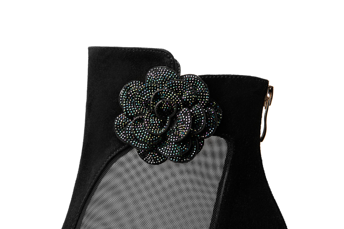 Women's Suede Leather Handmade Mesh Spool Heel Back Zip Up Flower Decor Black Summer Ankle Boots