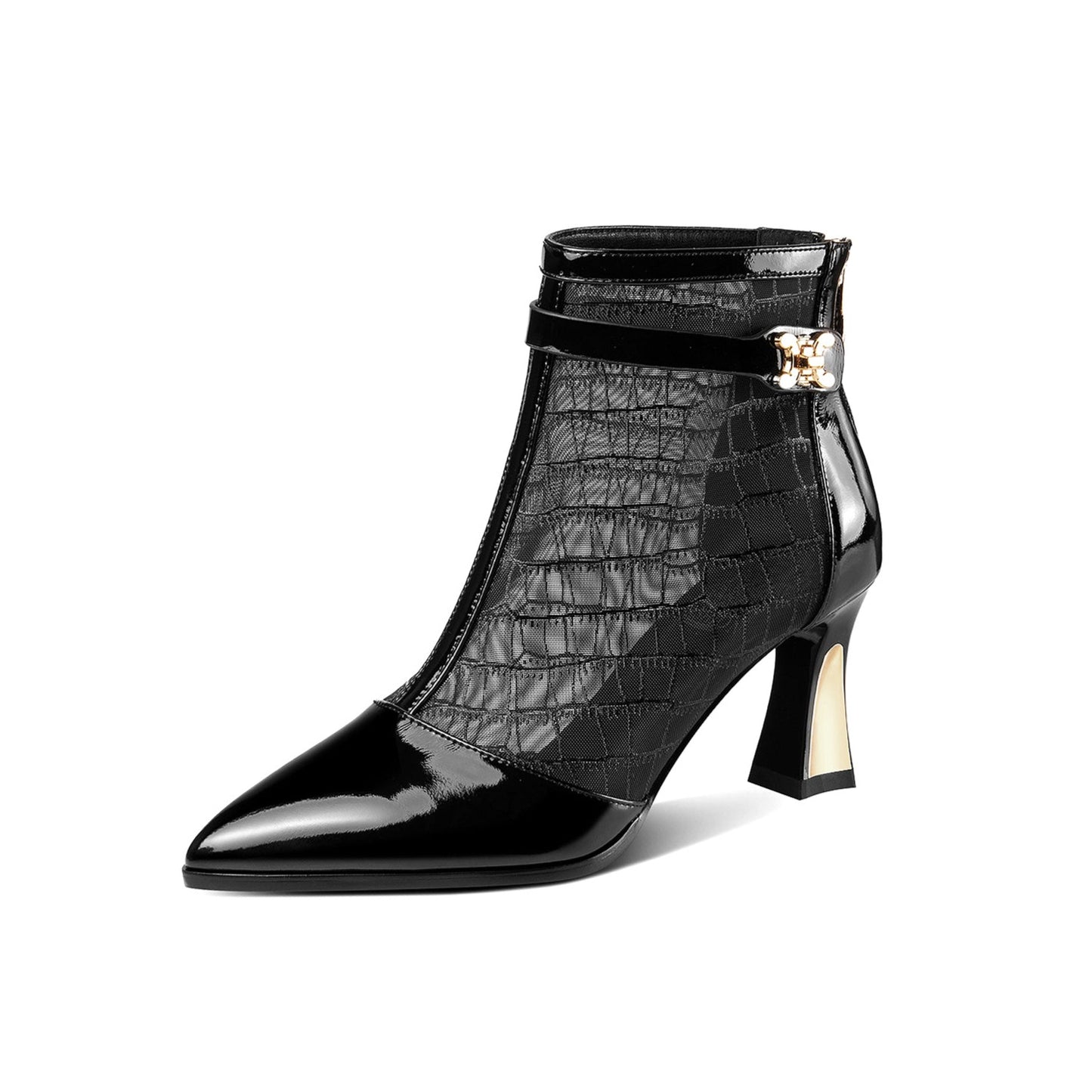 Women's Glossy Patent Leather Handmade Summer Mesh Mid Heel Back Zip Up Ankle Boots with Pointy Toe