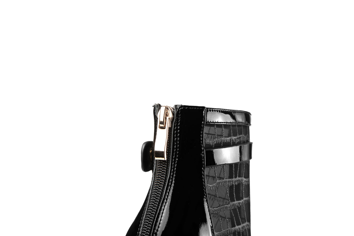 Women's Glossy Patent Leather Handmade Summer Mesh Mid Heel Back Zip Up Ankle Boots with Pointy Toe