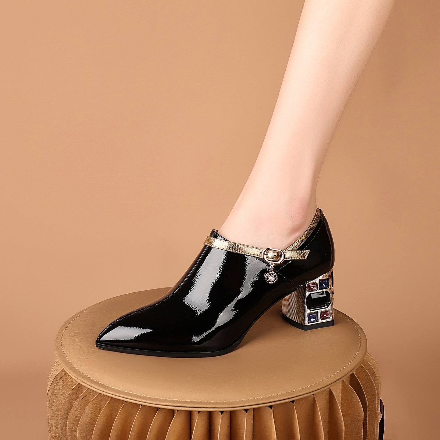 Women's Patent Leather Side Zipper Handmade Mid Chunky Heels with Jewelry Elegant Pumps Shoes