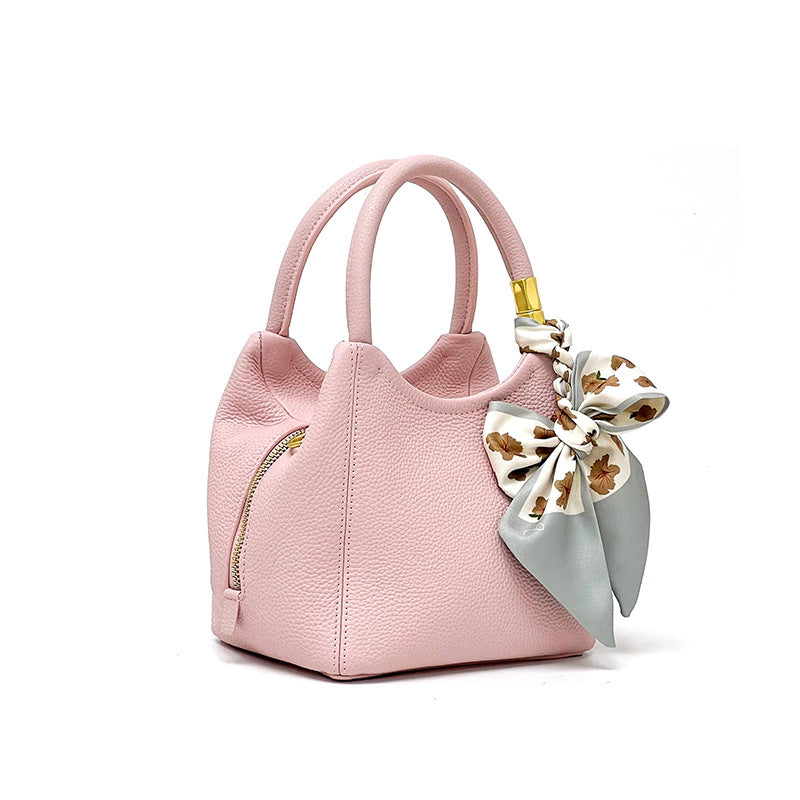 Nine Seven Crossbody Bucket Bag Women's Genuine Leather Handmade Zip Up Silk Scarf Decor Handbag Tote Shoulder Bags