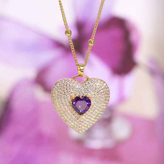 Women's Gklitter Heart Necklaces Purple Crystal Stone Pendant 18K Plated Gold Necklace