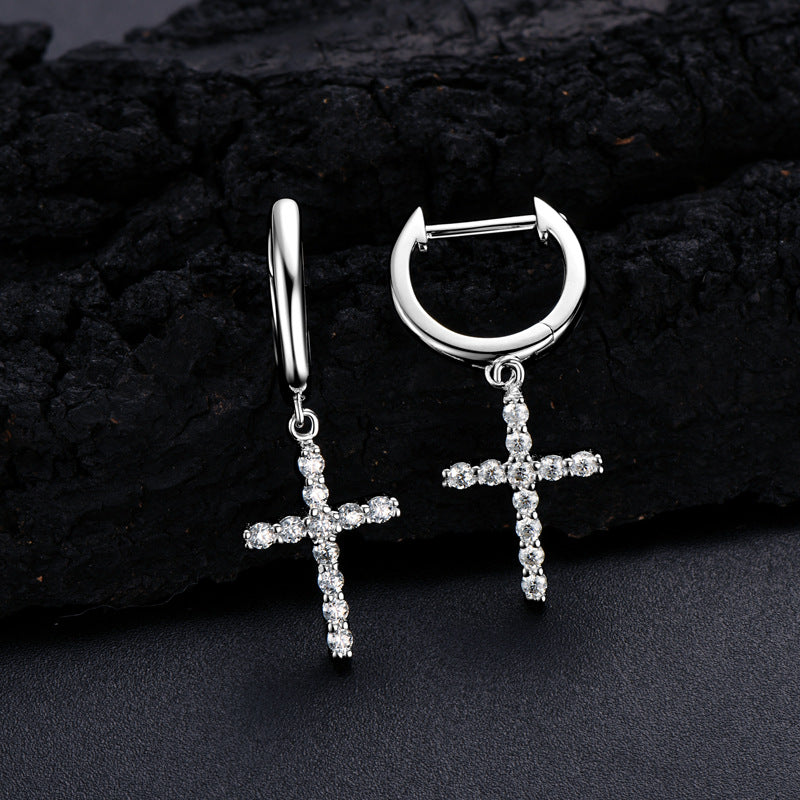 Cross Earrings 925 Sterling Silver Moissanite for Women Cross Dangle Drop Jewelry Christian Baptism Gift