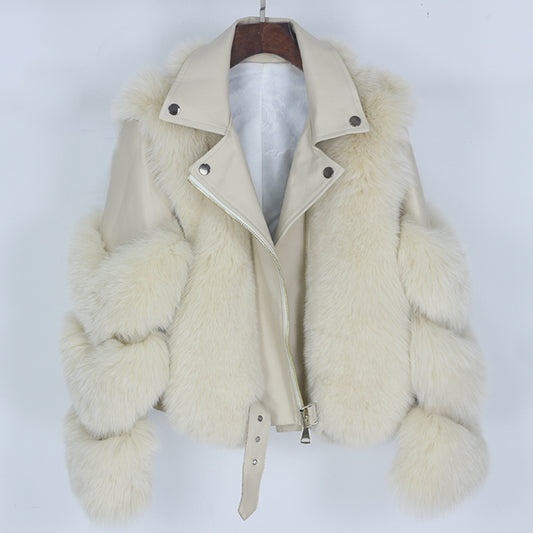 BelaCustom Fox or Raccoon Fur Women's Winter Genuine Leather Jacket Coat Customization