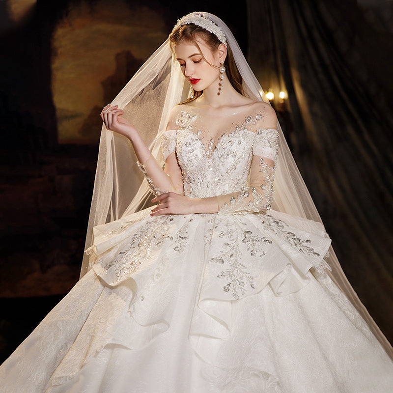 BelaCustom Floral Appliques V-Neck Off Shoulder Long Sleeves Ruffle Lace Up Cathedral Train Wedding Dress