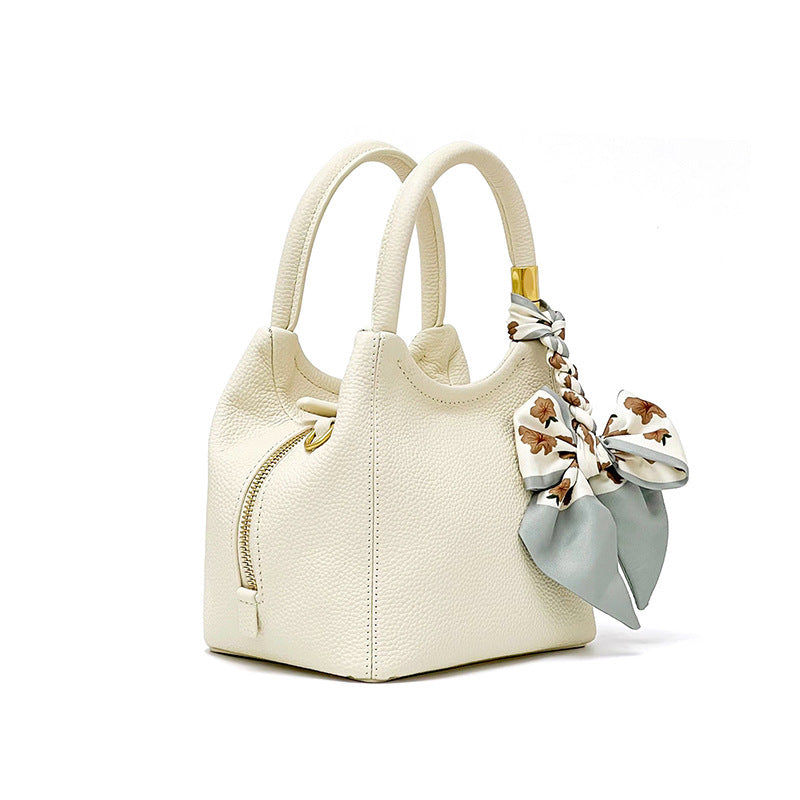 Nine Seven Crossbody Bucket Bag Women's Genuine Leather Handmade Zip Up Silk Scarf Decor Handbag Tote Shoulder Bags