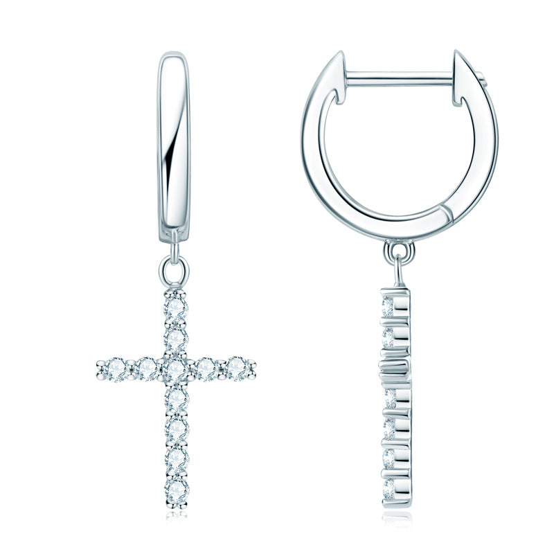 Cross Earrings 925 Sterling Silver Moissanite for Women Cross Dangle Drop Jewelry Christian Baptism Gift