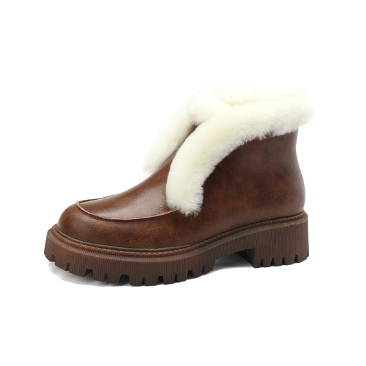 Handmade Women's Genuine Leather Furry Pull On Round Toe Low Block Heel Platform Ankle Boots