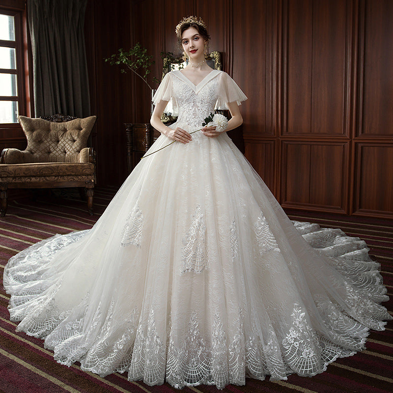 BelaCustom V-Neck Appliques Short Sleeve Pearls A-Line Wedding Dress