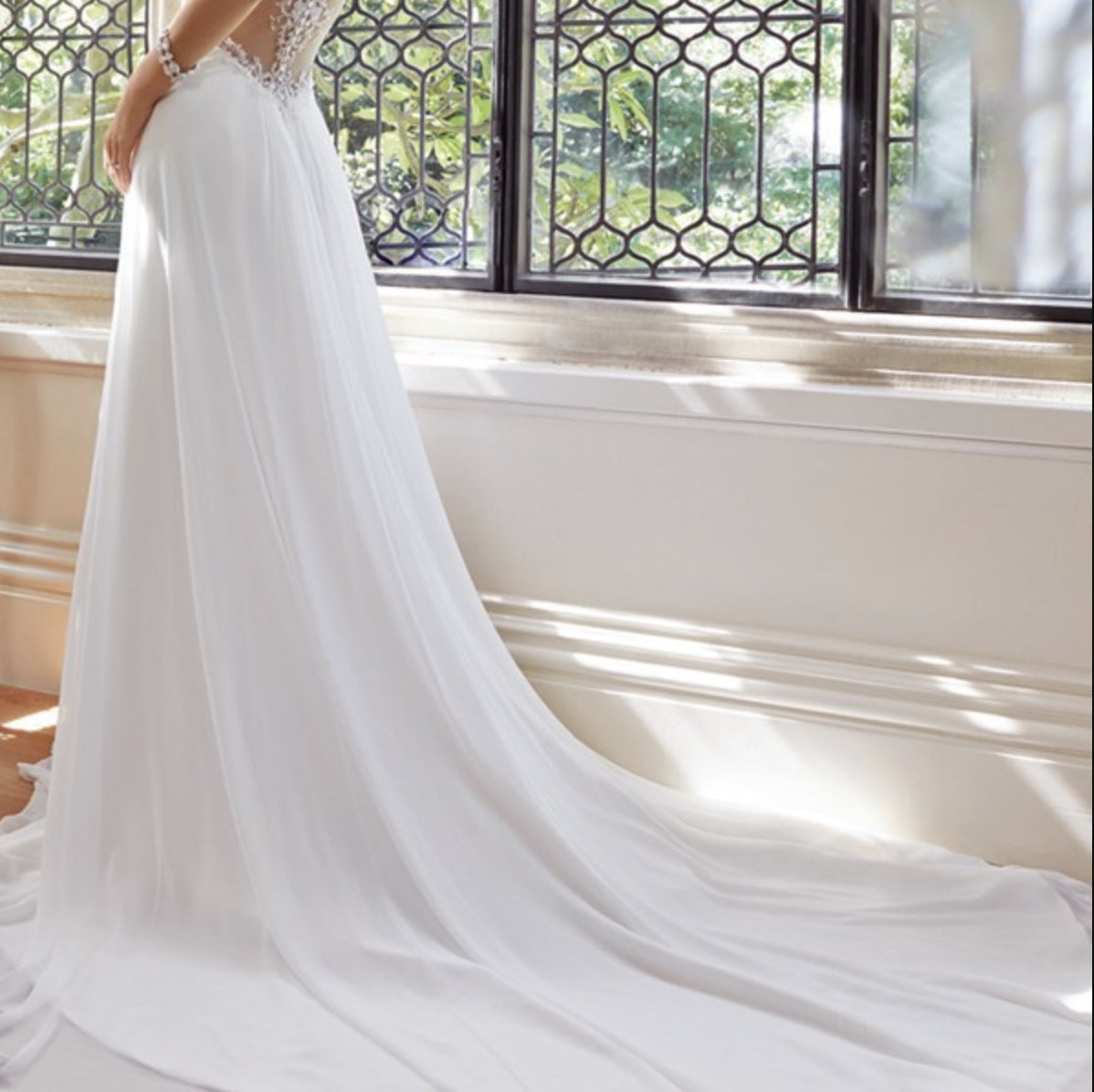 BelaCustom A-Line Appliques Pleated Plunging V-Neckline Court Train Wedding Dress