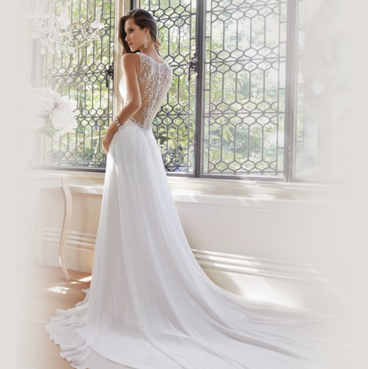 BelaCustom A-Line Appliques Pleated Plunging V-Neckline Court Train Wedding Dress