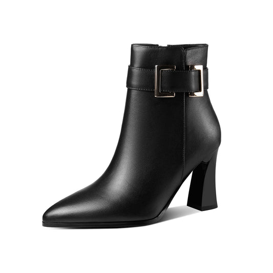 Genuine Leather Women's Handmade Side Zip Up Modern Buckle High Heel Pointed Toe Ankle Booties