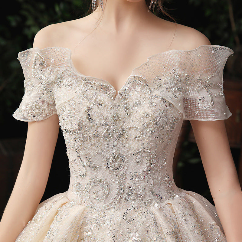 BelaCustom Bridal Dress Appliques Pearl Sequines Decor Lace Up Off Shoulder Ball Grown Wedding Dress