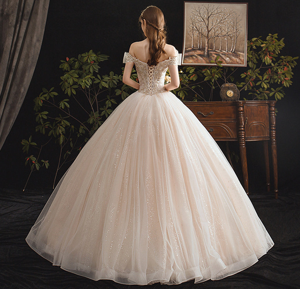 BelaCustom Leaves Appliques Glitter Sequines Lace Up Unique Design Off Shoulder Wedding Dress