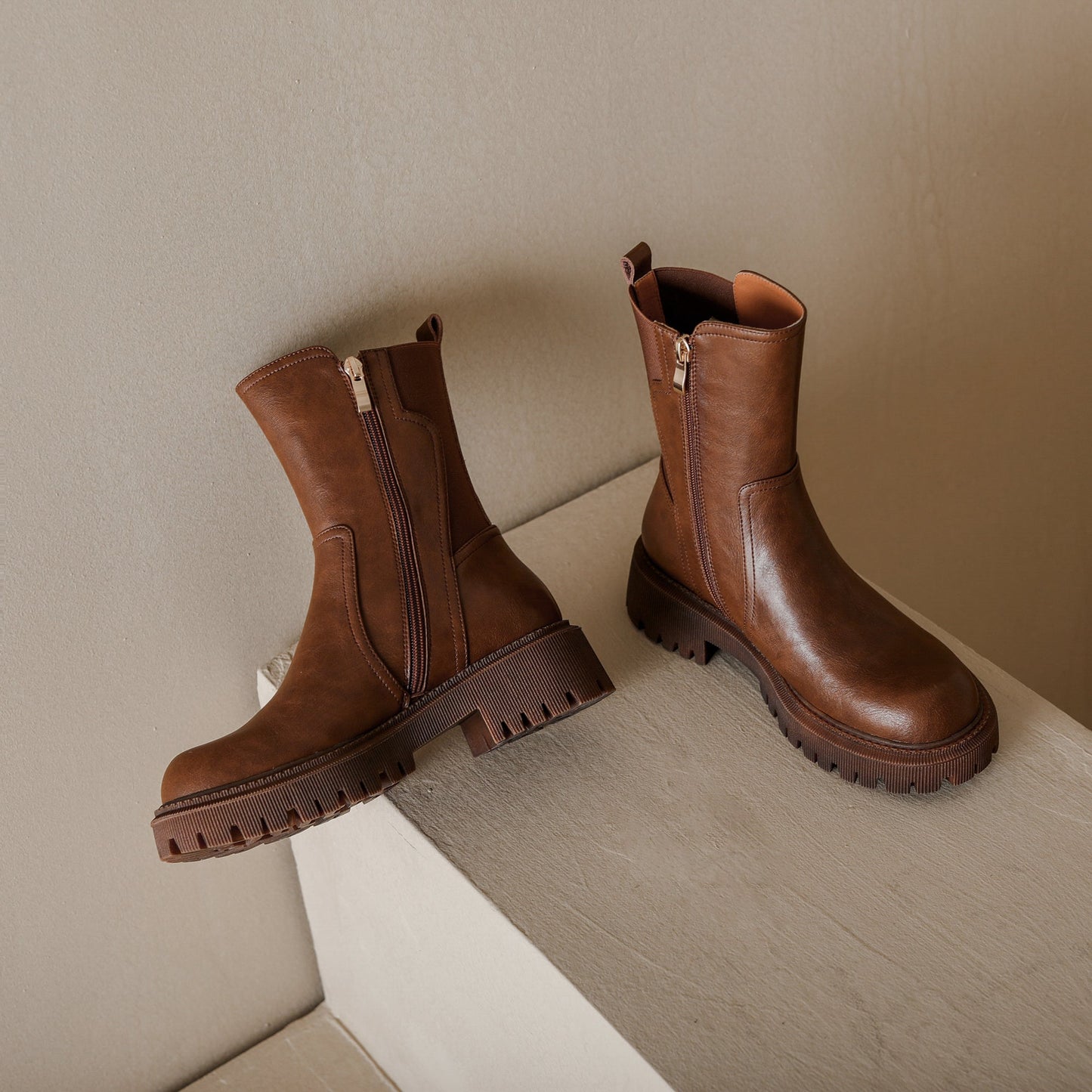 Nine Seven Women's Genuine Leather Handmade Round Toe Side Zip Up Mid Block Heel Mid Calf Boots