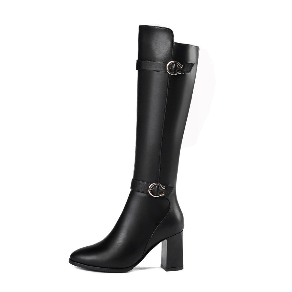 Nine Seven Women's Genuine Leather Pointed Toe Side Zip Handmade High Chunky Heel Plus-size Customized Circumference Knee High Boots with Buckle