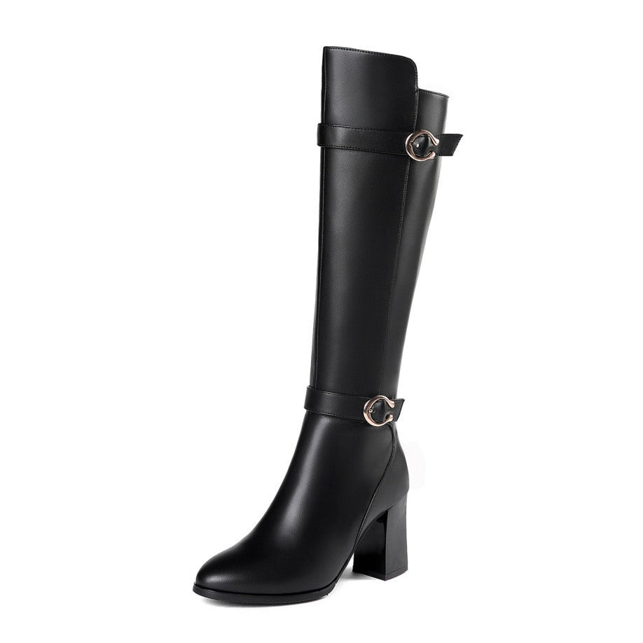 Nine Seven Women's Genuine Leather Pointed Toe Side Zip Handmade High Chunky Heel Plus-size Customized Circumference Knee High Boots with Buckle