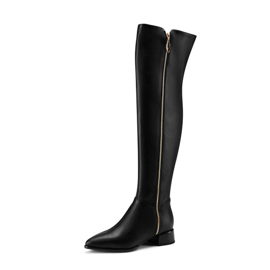 Women's Genuine Leather Handmade Pointed Toe Side Zip Low Chunky Heel Chic Plus-size Customized Circumference Over Knee Boots