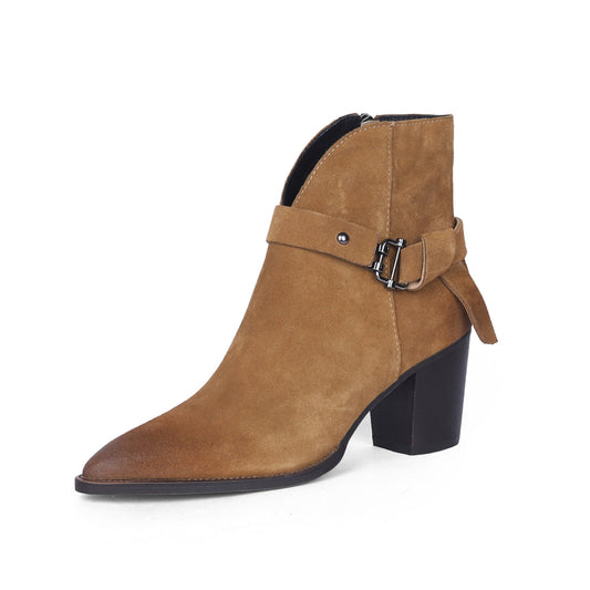 Handmade Women's Suede Leather Metal Buckle Pointed Toe Mid Chunky Heel Side Zipper Ankle Boots