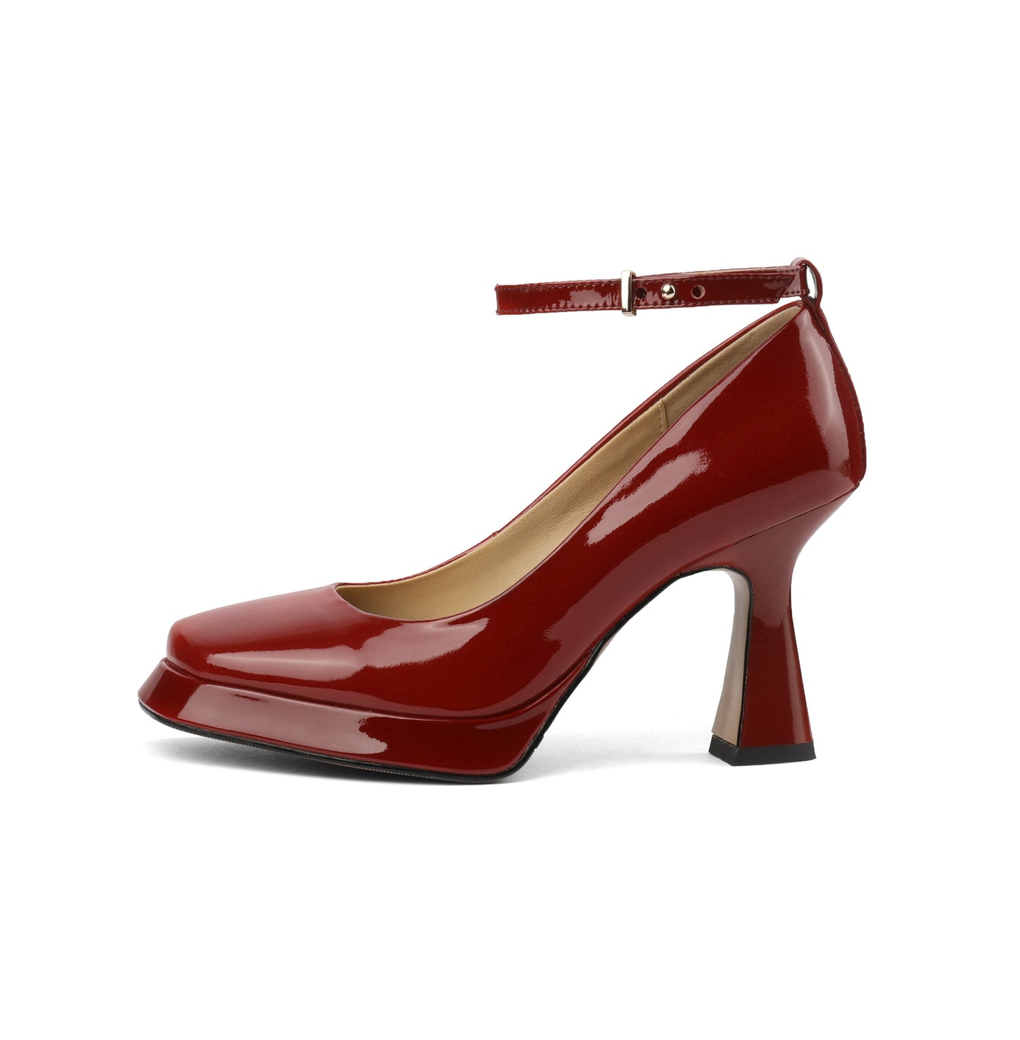 Women's Square Toe Glossy Patent Leather Handmade Platform Stylish High Chunky Heels with Detachable Ankle Belt