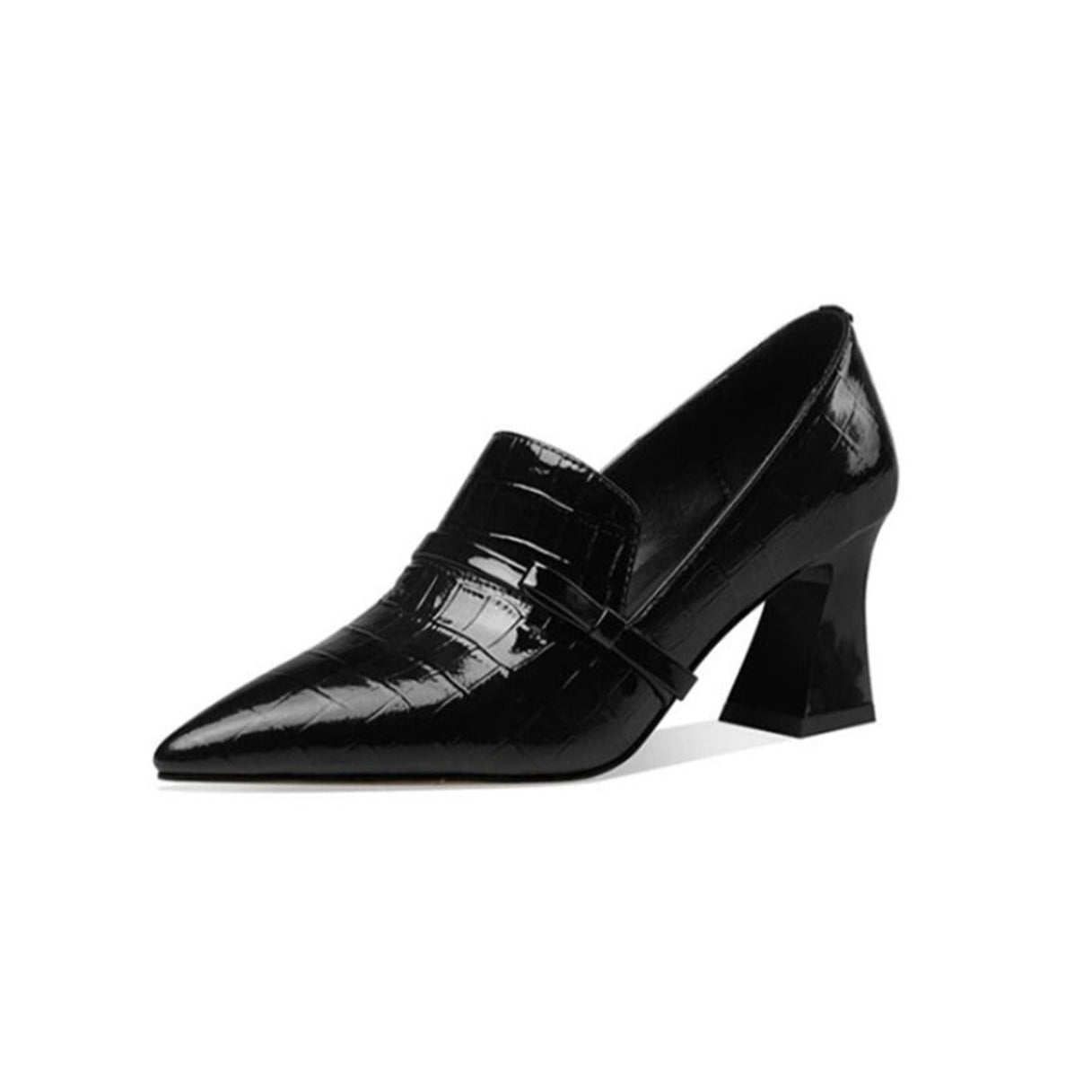 Embossed Patent Leather Handmade Women's Mid Spool Heel Pointed Toe Slip On Modern Pump Shoes with Bowtie