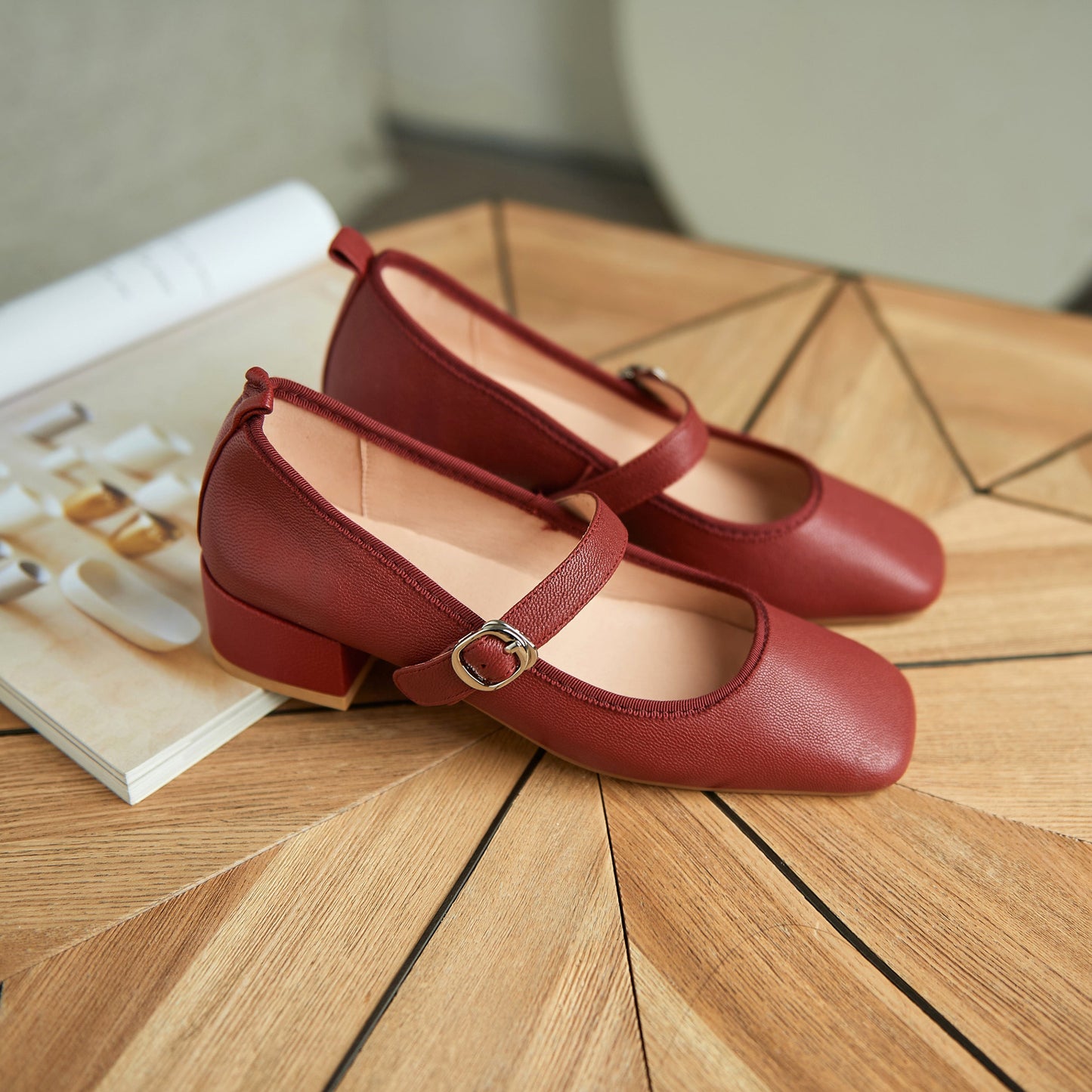 Women's Genuine Leather Square Toe Handmade Buckle Low Chunky Heels Casual Mary Jane Shoes