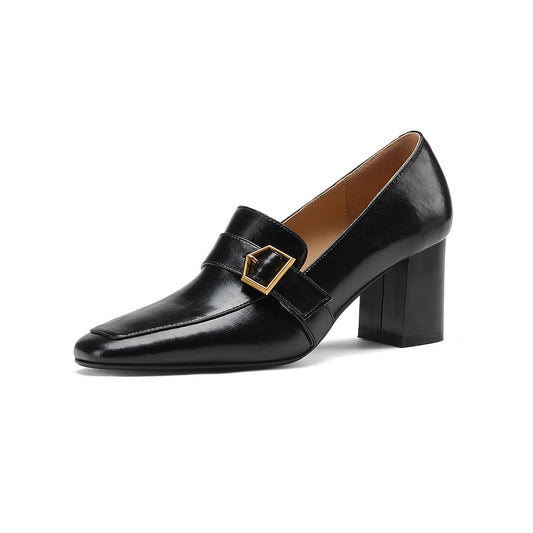Nine Seven Genuine Leather Women's Handmade Square Toe Mid Block Heel Slip On Graceful Oxford Loafer Pumps with Cool Buckle