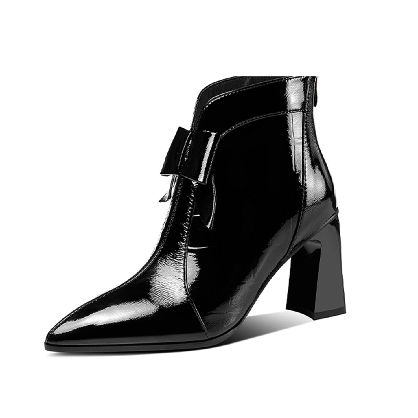 Nine Seven Patent Leather Women's Handmade Pointed Toe High Heel Glossy Bowknot Ankle Booties with Back Zip