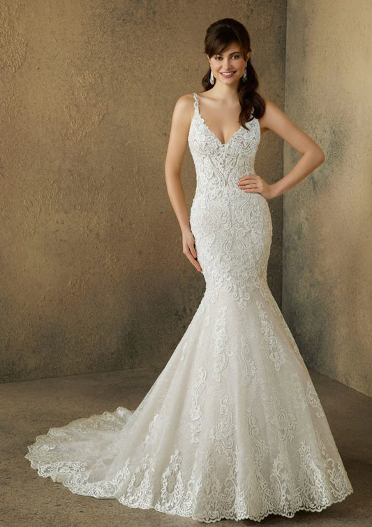 BelaCustom V-Neck Appliques Beads V Back Tulle Mermaid Wedding Dress Customization