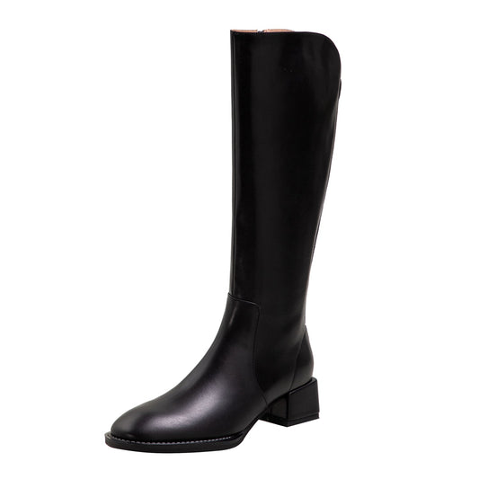 Women's Genuine Leather Handmade Block Heel Side Zip Up Round Toe Knee-High Riding Boots