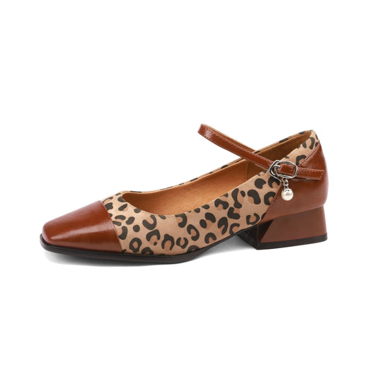 Women's Square Toe Leopard Print Genuine Leather Handmade Low Heel Chic Mary Jane Shoes