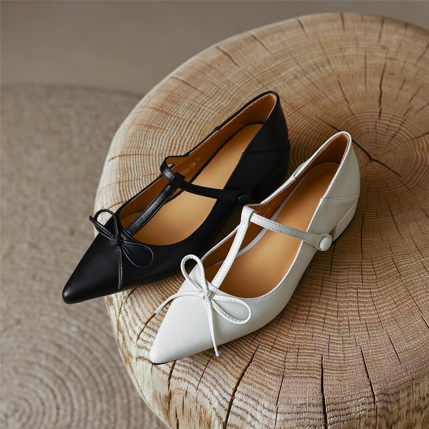 Women's Genuine Leather Pointed Toe Handmade Bowtie Cute Mary Jane Shoes with Low Chunky Heels