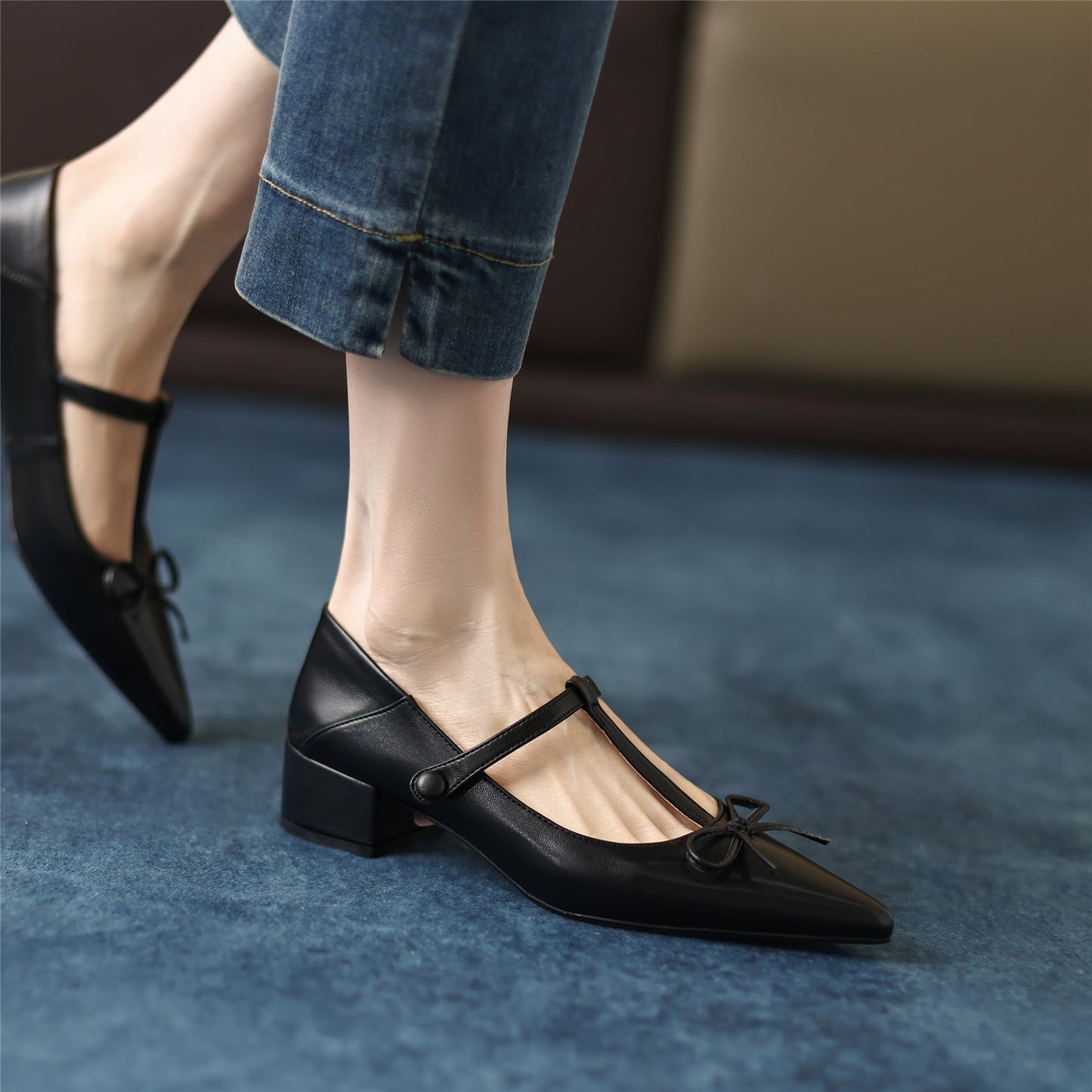 Women's Genuine Leather Pointed Toe Handmade Bowtie Cute Mary Jane Shoes with Low Chunky Heels