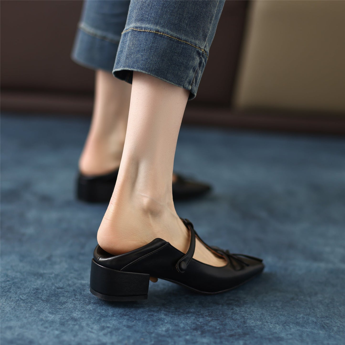 Women's Genuine Leather Pointed Toe Handmade Bowtie Cute Mary Jane Shoes with Low Chunky Heels