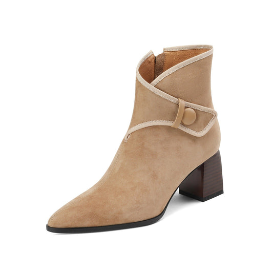 Nine Seven Handmade Women's Suede Leather Buckle Side Zipper Pointed Toe Mid Chunky Heel Ankle Boots