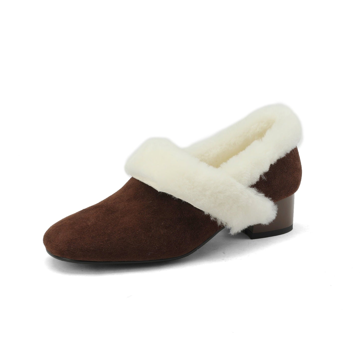 Handmade Women's Suede Leather Furry Pull On Square Toe Low Chunky Heel Casual Loafers Shoes