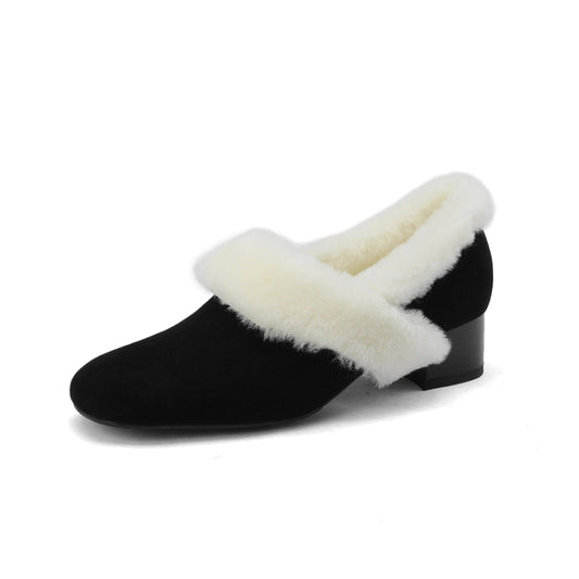 Handmade Women's Suede Leather Furry Pull On Square Toe Low Chunky Heel Casual Loafers Shoes