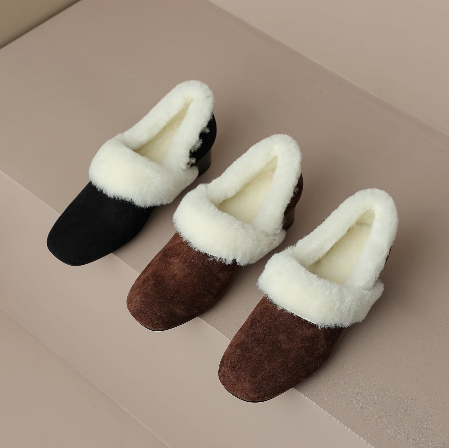 Handmade Women's Suede Leather Furry Pull On Square Toe Low Chunky Heel Casual Loafers Shoes