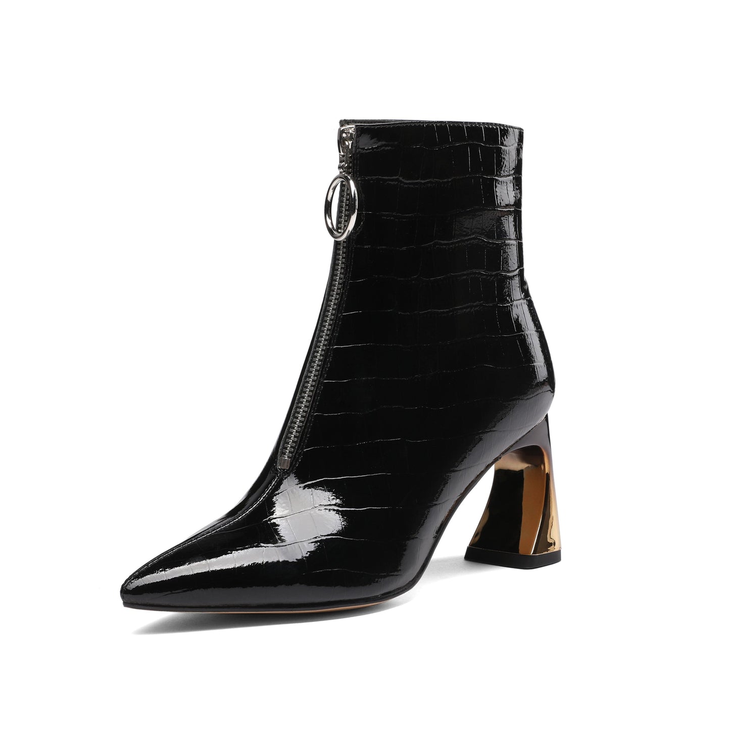 Women's Handmade Patent Leather Pointed Toe Stylish Front Zip Up High Spool Heel Ankle Boots