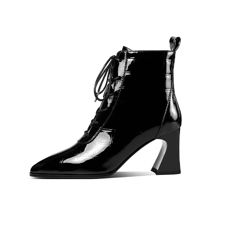 Nine Seven Women's Patent Leather Handmade Pointed Toe Stylish Spool Heel Lace Up Checkered Ankle Booties