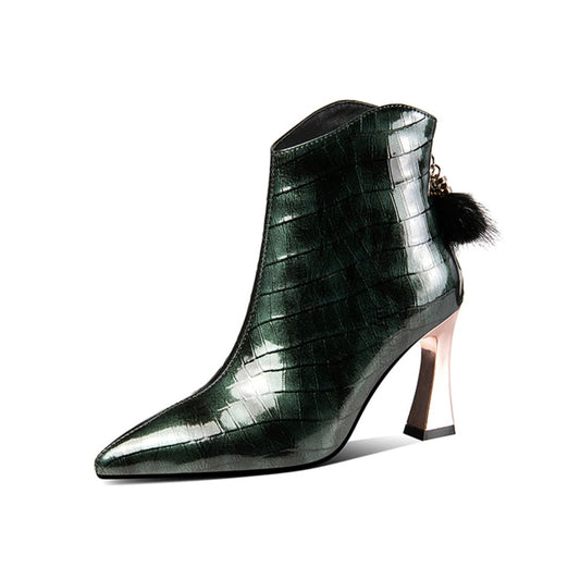 Patent Leather Women's Handmade Pointed Toe High Heel Back Zip Up Fur Pendant Ankle Booties