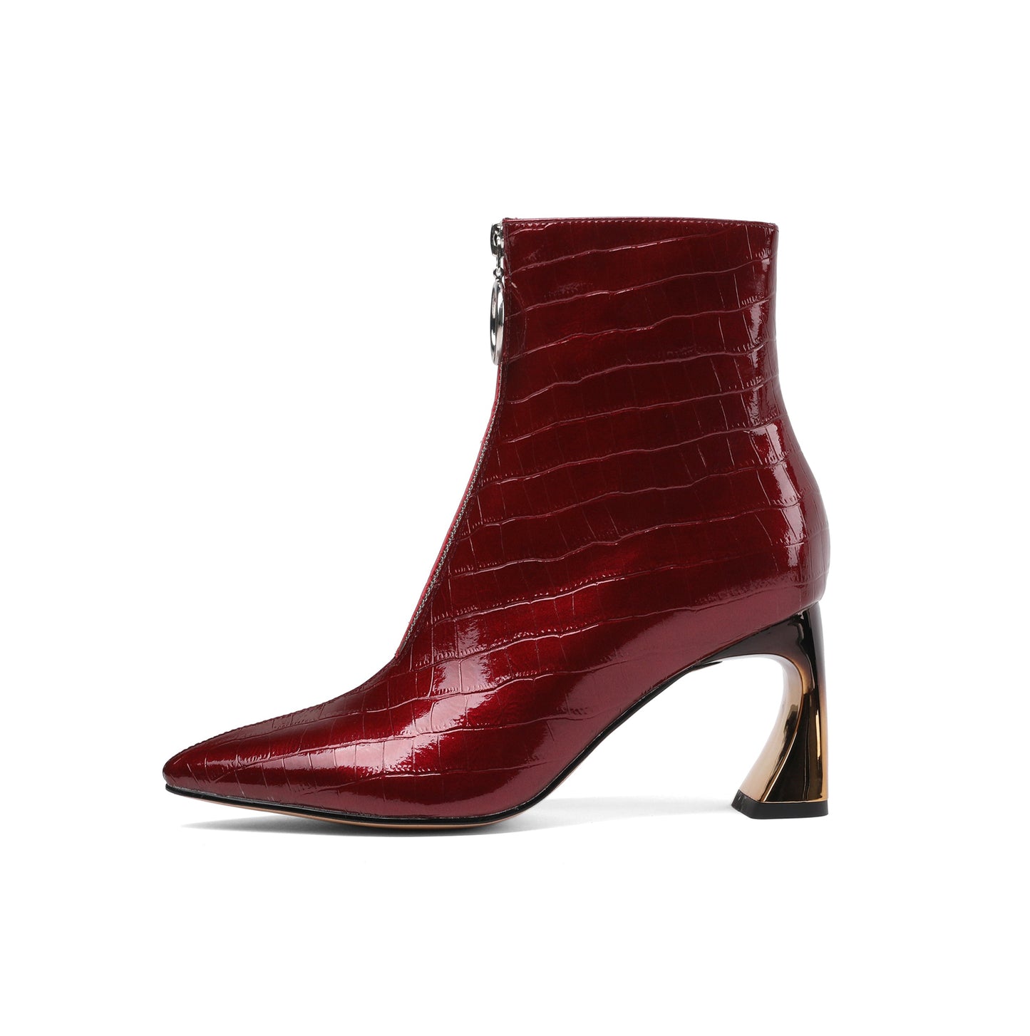 Women's Handmade Patent Leather Pointed Toe Stylish Front Zip Up High Spool Heel Ankle Boots