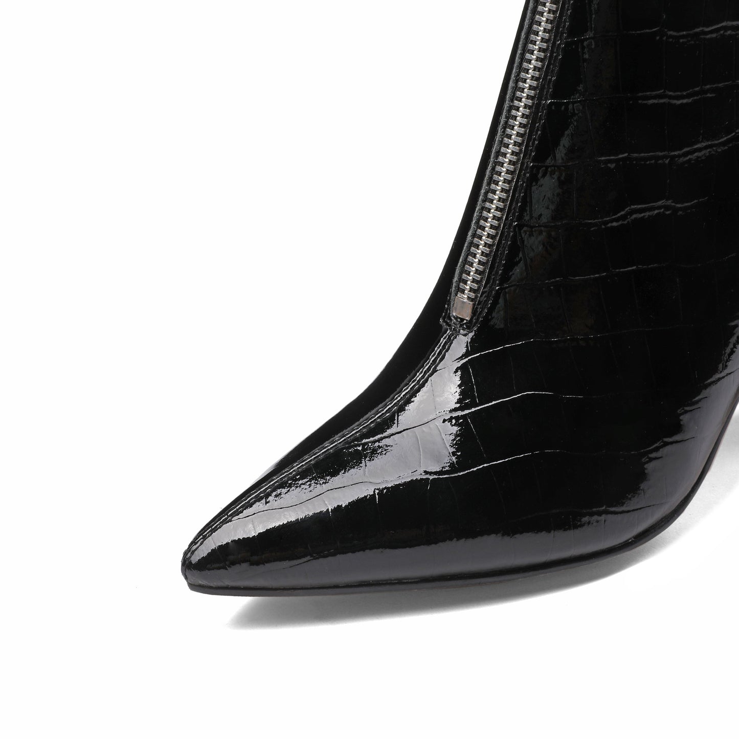 Women's Handmade Patent Leather Pointed Toe Stylish Front Zip Up High Spool Heel Ankle Boots