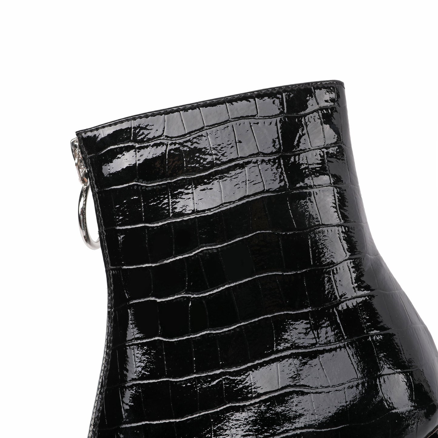 Women's Handmade Patent Leather Pointed Toe Stylish Front Zip Up High Spool Heel Ankle Boots