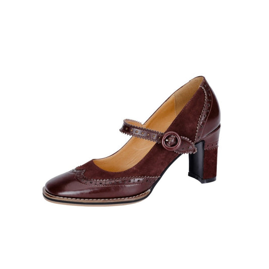 Nine Seven Women's Genuine Leather Handmade Lace Buckle Slip On Square Toe High Block Heel Mary Jane Pumps Shoes