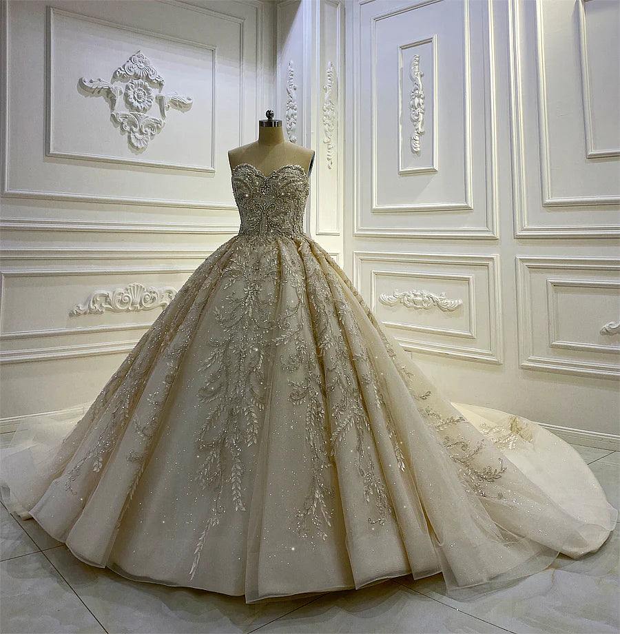 BelaCustom Lace Appliqued Strapless Court Train Ball Grown Sleeveless Wedding Dress Customization