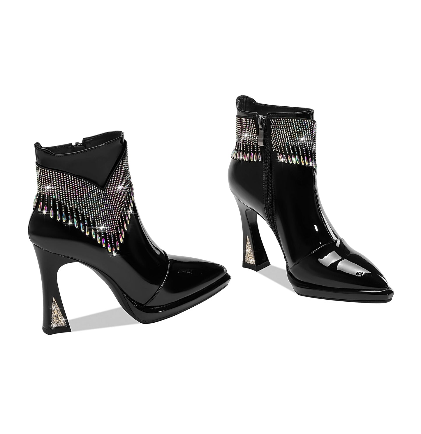 Women's Pointed Toe Patent Leather Handmade Rhinestones Decor Zip Up High Heels Ankle Boots