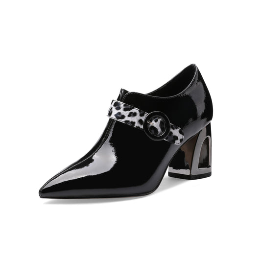 Women's Handmade Patent Leather Pointed Toe Mid Chunky Heel V-Shaped Side Zip Up Pumps with Modern Buckle Decor