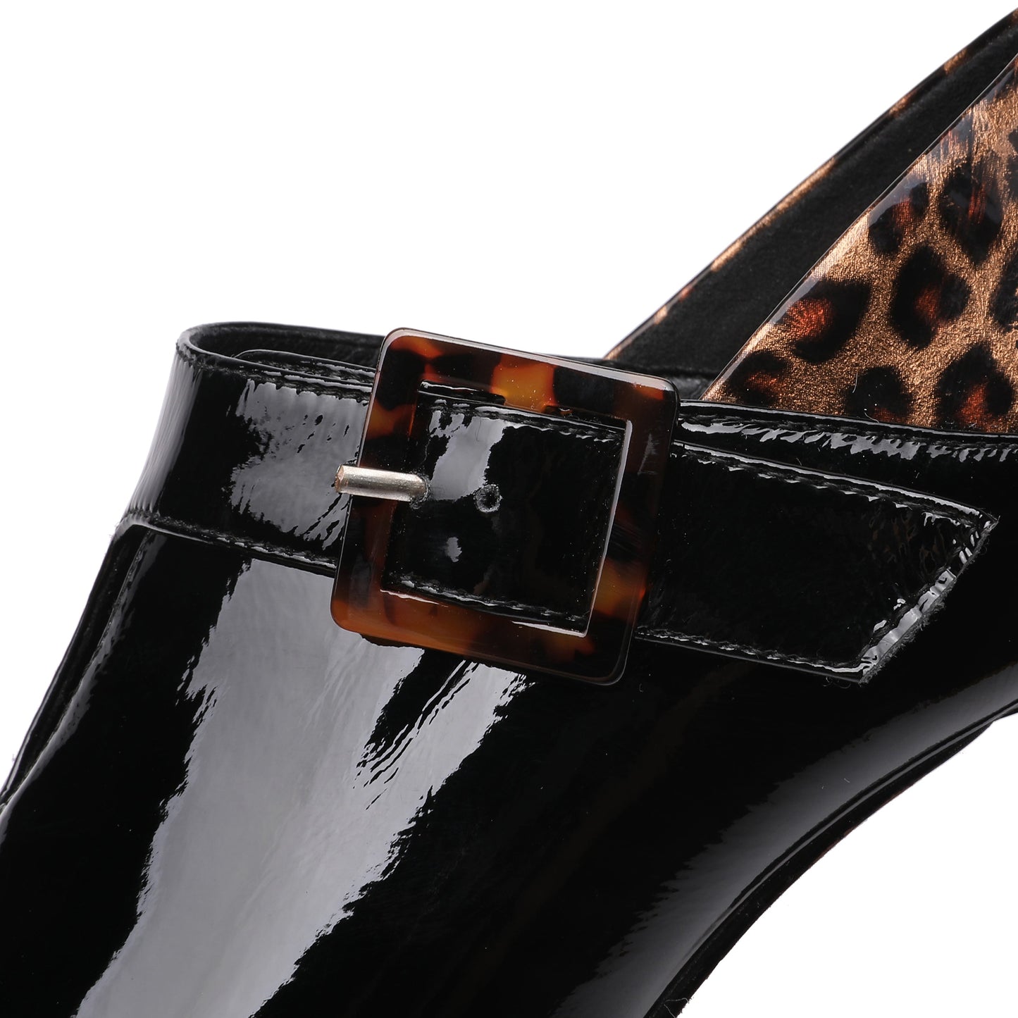 Women's Handmade Patent Leather Elegant Pointed Toe Buckled Mid Heel Pumps with Leopard Print