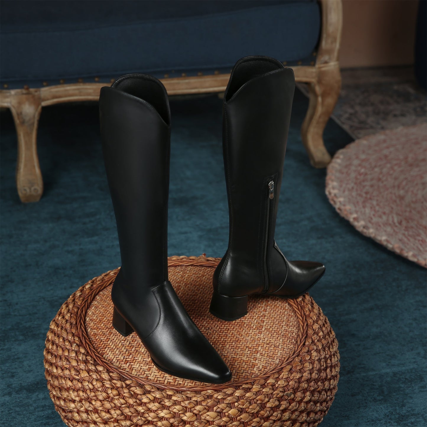 Women's Handmade Leather Comfortable Chunky Heel Side Half Zipper Round Toe Knee-High Boots